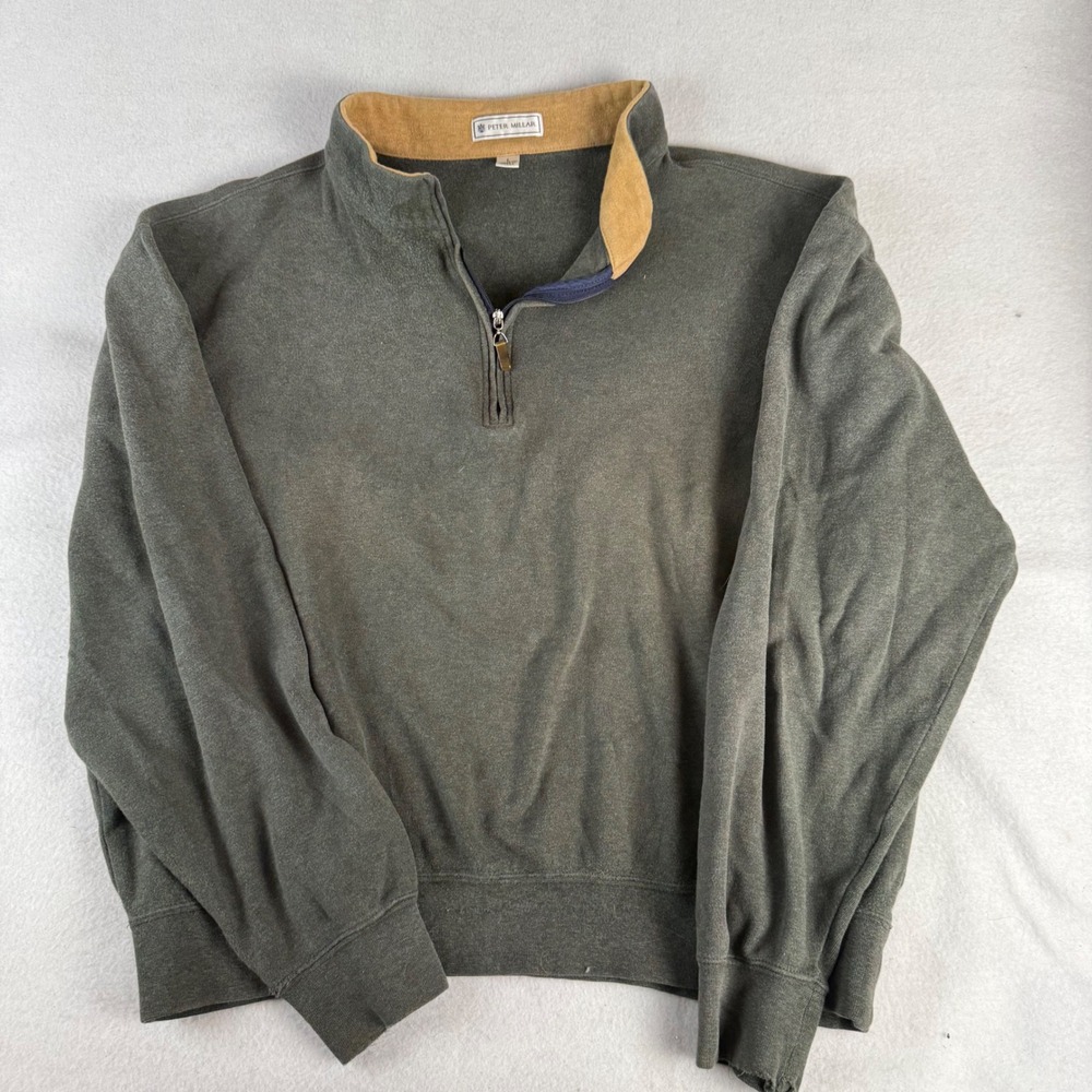Peter Millar Mens Olive Green 100% Cotton Quarter Zip Pullover Sweater Large
